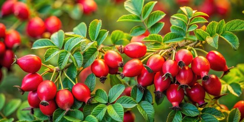 Obraz premium Vibrant red rose hips cluster on a lush green branch, showcasing the beauty of nature's bounty.