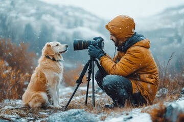 Photographer taking pictures of golden retriever dog in snowy mountains