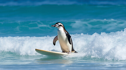 Fototapeta premium Cheerful Penguin Surfing on Waves at Sunny Beach