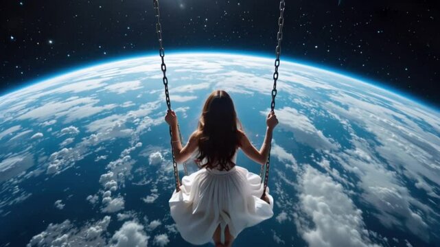 a girl on the swing with earth view