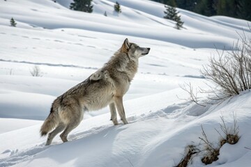 Obraz premium A lone gray wolf stands upright on its hind legs, its fur blending with the snowy landscape, as it surveys its surroundings, white background, wild animal, winter scene, arctic fox, isolation