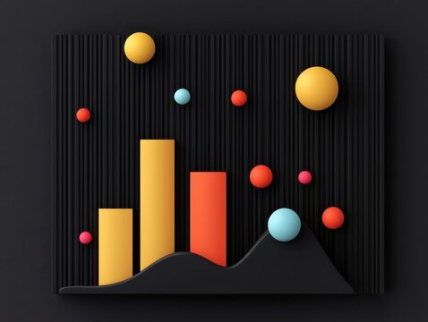 A colorful 3D abstract representation of data visualization with bars and spheres, set against a dark background.