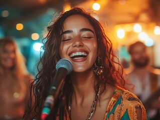A joyful woman sings into a microphone, surrounded by friends, with warm lights creating a vibrant atmosphere.