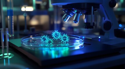 Close-up of a scientific laboratory setup with microscopic analysis of viral samples illuminated in blue light