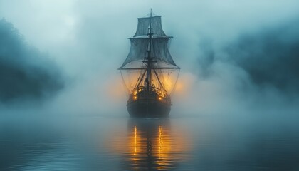 A ship shrouded in fog illuminates the water as it sails quietly at dawn