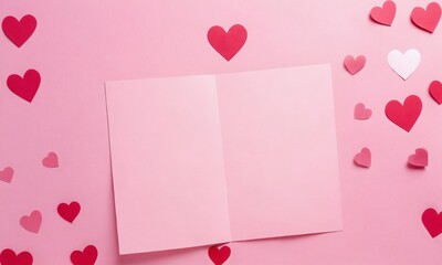 Heart-shaped decorations surround a blank pink card ideal for celebrations on love-themed occasions. Valentine&rsquo;s Day, date, engagement, love, wedding, background