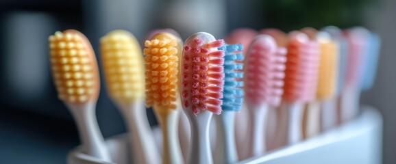 Colorful toothbrushes in a holder, close-up.