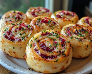 Freshly baked pinwheel rolls filled with cranberries and herbs, presented on a white plate