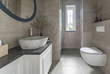 Modern bathroom interior in minimal scandinavian style, 3d render