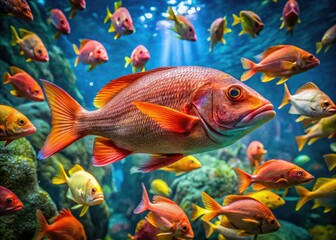 Fototapeta premium Stunning aerial close-up of a vibrant red emperor snapper, showcasing its scales and fins in aquarium clarity.