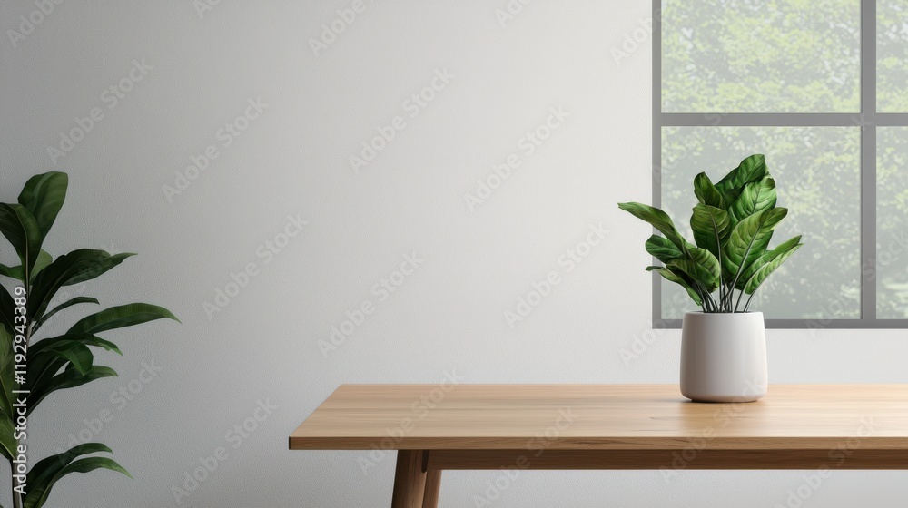 Poster empty wooden table with plant in modern office space with large window