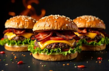 Three delicious burgers with juicy patty, fried bacon, fresh herbs and cheese on dark background. Flame of fire in background. Fast food concept