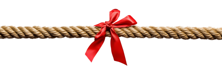 Long tug of war rope pulled tight, with red ribbon tie. Concept of conflict, competition, or rivalry. Isolated on white.