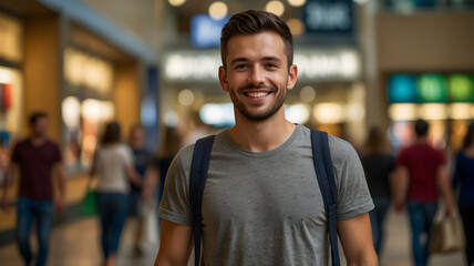 Fototapeta premium Happy young man smiling in a bustling mall