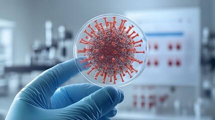 Gloved scientist analyzing virus slide in laboratory setting during research on infectious diseases