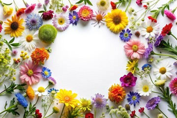 Obraz premium Summer blooms explode in a round wildflower wreath, beautifully photographed against a crisp white backdrop.