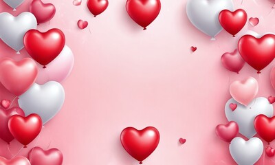 Colorful heart-shaped balloons create a festive atmosphere for a romantic celebration or event on a soft pink background. Valentine&rsquo;s Day, date, engagement, love, wedding, background