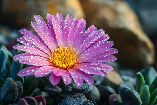 Vibrant pink flower blooming with dewdrops in sunlight