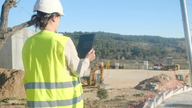 Construction worker  woman using a tablet on a construction site. Concept: construction and technology. Outdoor setting.