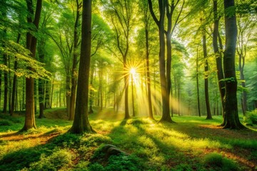 Fototapeta premium Sunlight dapples a lush green forest, creating a peaceful morning scene.