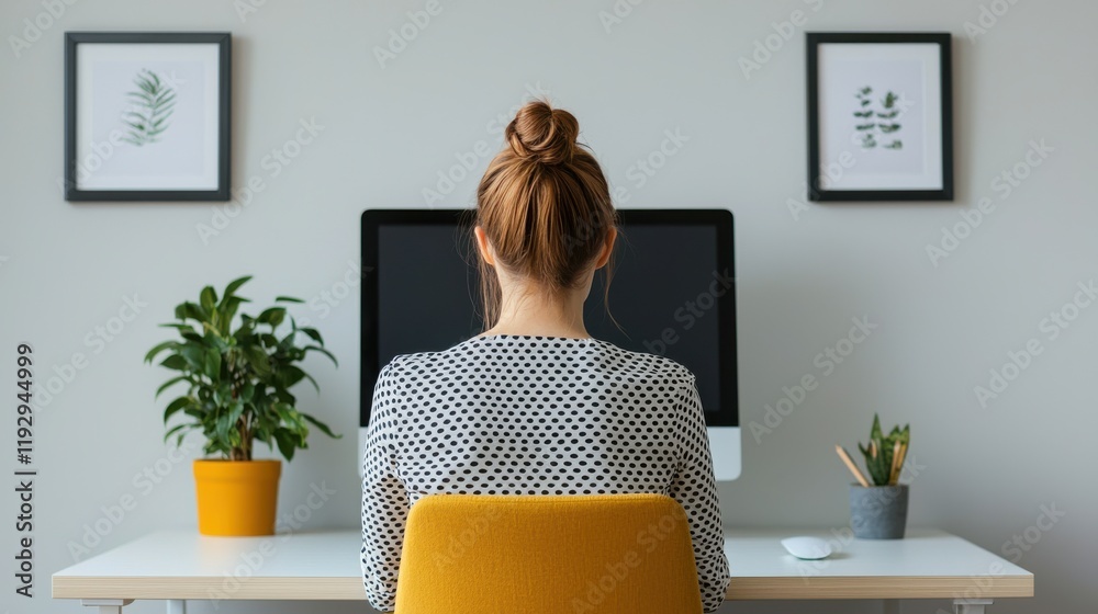 Aufkleber office worker sitting at desk using computer in modern minimalist office