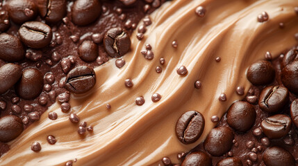 Rich coffee beans cream swirl. Gourmet closeup delicious texture aromatic beverage caffeine treat indulgence background macro detail.