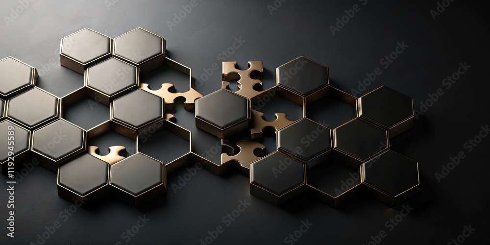 Poster abstract hexagon puzzle metallic gold and black geometric pattern