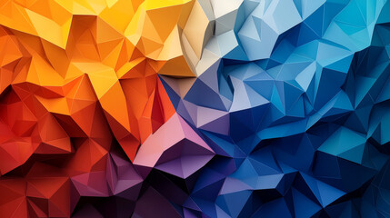 Obraz premium Colorful abstract background featuring low poly triangles in vibrant hues of orange, yellow, blue, and purple, creating dynamic and energetic visual experience