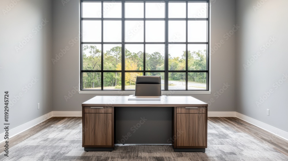 Poster modern office desk placed near large window overlooking trees