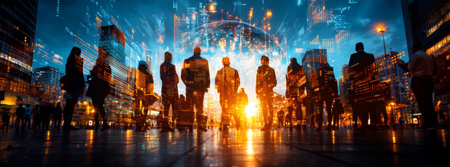 Digital composition of business people silhouettes against vibrant cityscape, showcasing blend of technology and urban life. scene evokes sense of innovation and collaboration