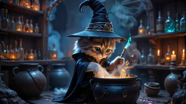 A witch cat making potion