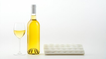 Elegant White Wine Bottle with Glass on Minimalist Background. Generative AI