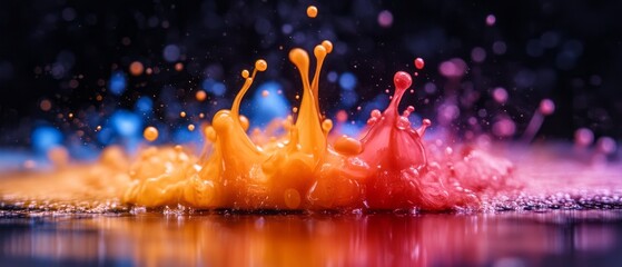 Bright splashes of orange and pink paint create dynamic patterns on a reflective surface