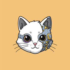 A stylized illustration depicts a cats head half organic and half robotic showcasing a blend of cute and futuristic elements.