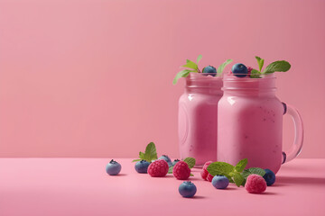 Two pink berry smoothies in mason jars with raspberry and mint