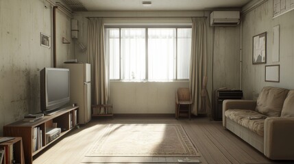 Fototapeta premium Sunlit minimalist living room with vintage furniture and worn walls.