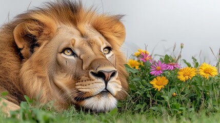 Majestic Lion Resting in Grass