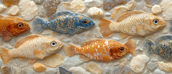 Colorful fish mosaic, pebble background, wall art