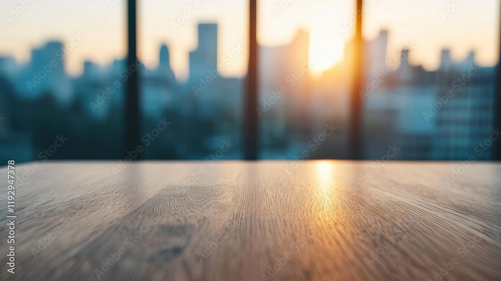 Aufkleber empty office table reflecting sunset light with cityscape view through window