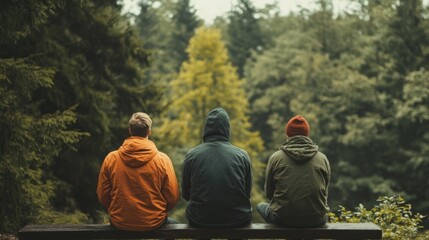 Three men sitting on a bench, enjoying nature's view.