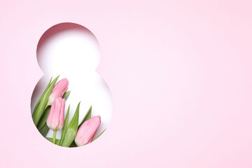 8 March greeting card design with tulip flowers, top view. Happy International Women's Day