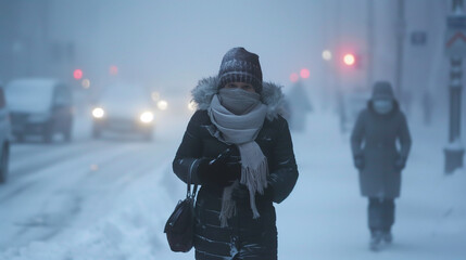Snow covered city street in frosty day after a heavy snowfall. Women in heavy clothes. Lots of snow on sidewalk, cars and big snowdrifts road in snow storm blizzard, bad cold weather and conditions