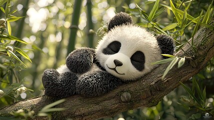 Obraz premium Adorable baby panda sleeping peacefully on a tree branch in a bamboo forest.