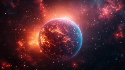 Obraz premium Fiery Planet in Cosmic Nebula: A Breathtaking Celestial Scene