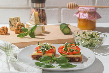 Vegetarian sandwich. Sandwich with tomato, cheese. Copy space