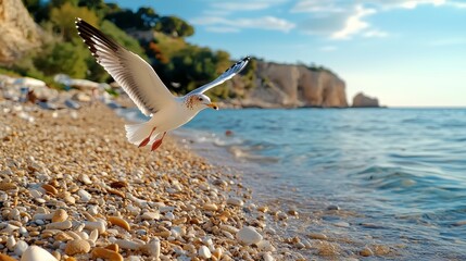 Fototapeta premium Bird Soaring Over Rocky Beach