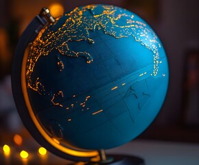 Close-up of a modern globe with glowing accents marking major cities.