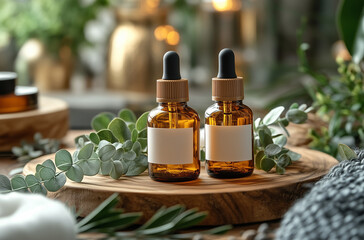 Natural brown dropper bottles surrounded by fresh green leaves on a woven and rustic background, embodying organic, eco-friendly, and natural skincare or essential oil themes.

