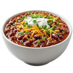 Delicious Bowl of Hearty Chili with Cheese, Sour Cream, and Herbs in a Flavorful Bean and Beef Mix