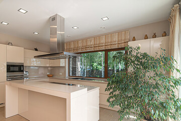 Modern luxury kitchen interior in minimal scandinavian style, 3d render
